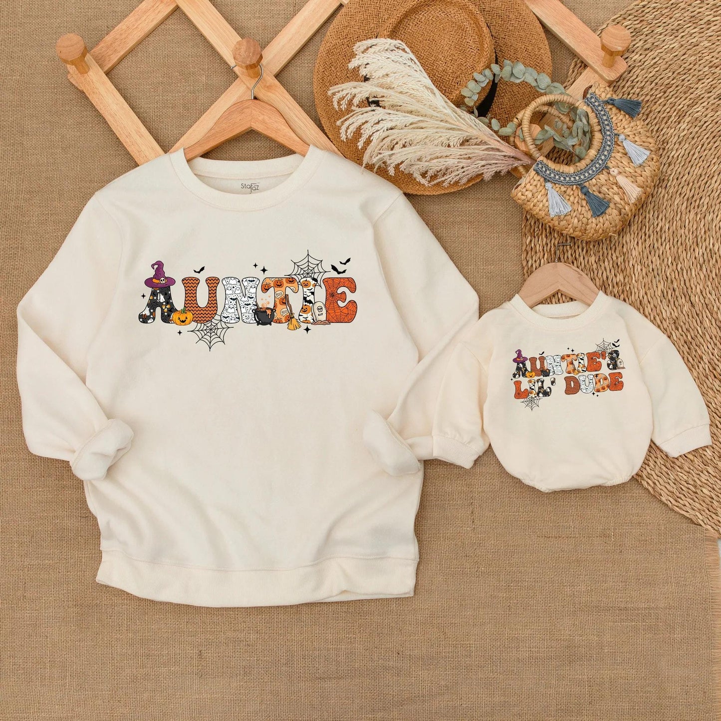 Custom Auntie and Little Dude Matching Halloween Sweatshirts Spooky Duo Fall Aunt Nephew Family Outfits