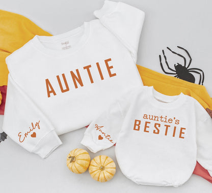 Auntie's Bestie Matching Sweatshirts - Adorable Aunt & Me Sweaters for Pumpkin Spice Season, Cute Thanksgiving Family Outfit, Personalized Emily Sleeve 139