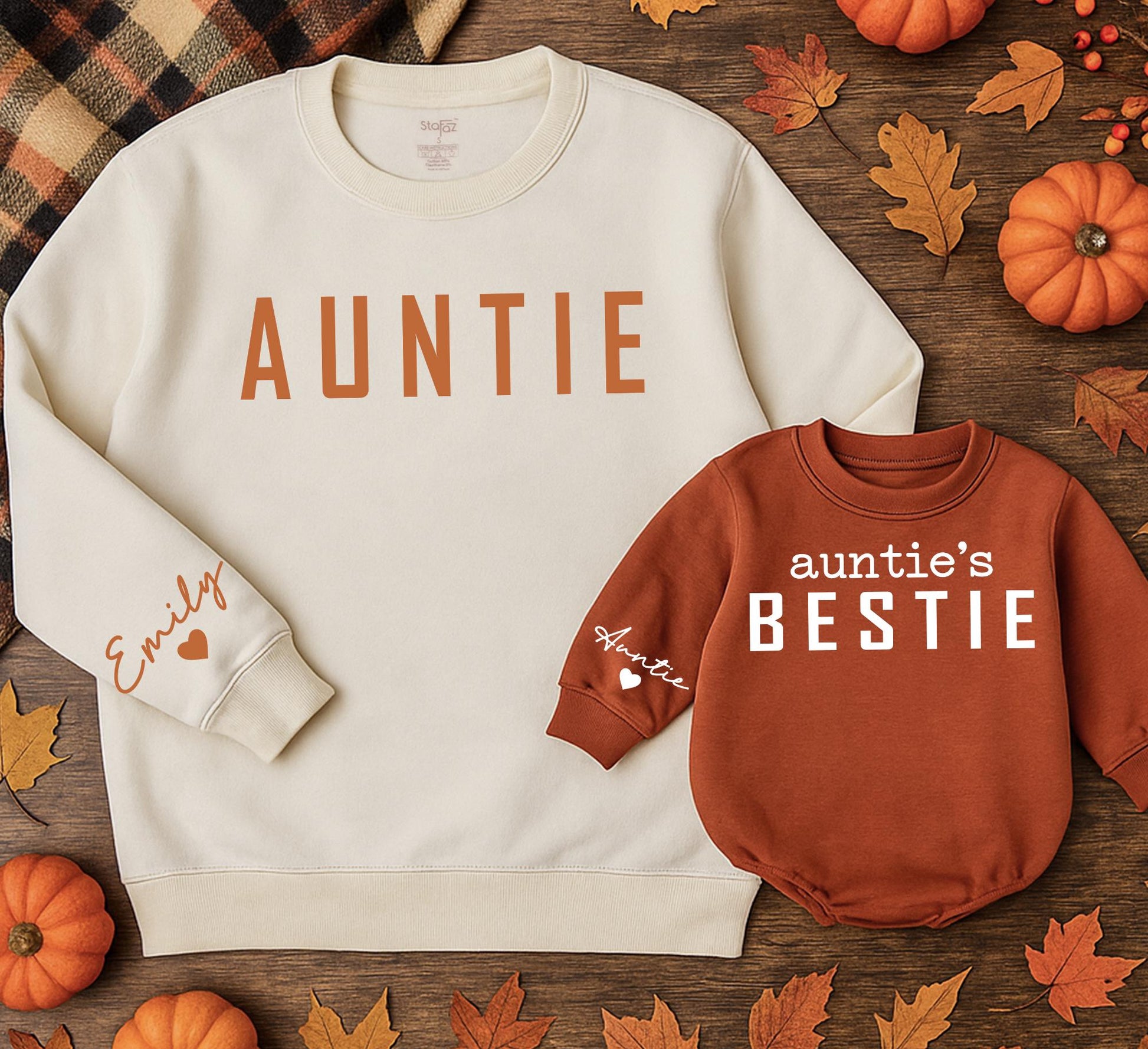 Auntie's Bestie Matching Sweatshirts - Adorable Aunt & Me Sweaters for Pumpkin Spice Season, Cute Thanksgiving Family Outfit, Personalized Emily Sleeve 139
