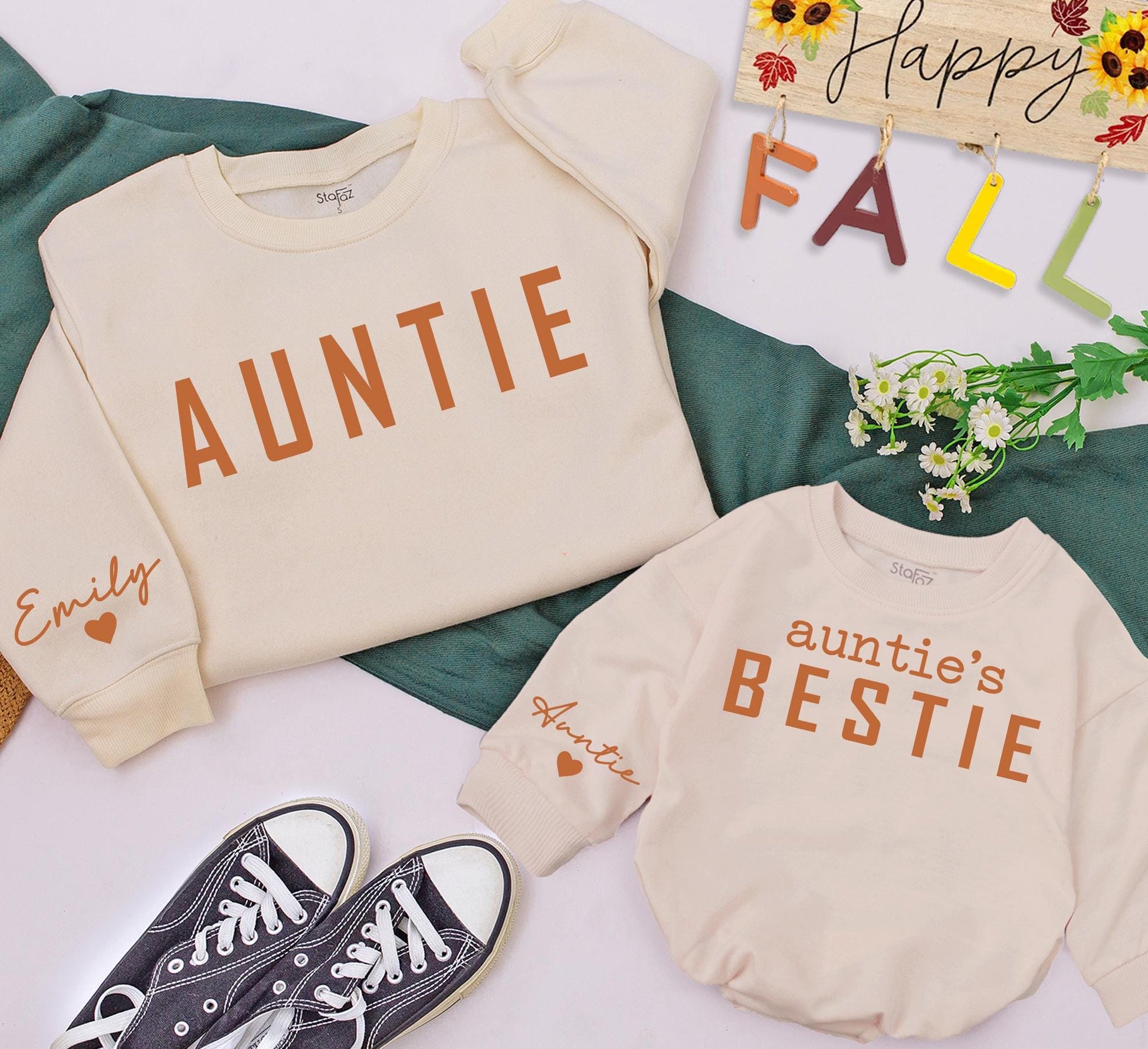 Auntie's Bestie Matching Sweatshirts - Adorable Aunt & Me Sweaters for Pumpkin Spice Season, Cute Thanksgiving Family Outfit, Personalized Emily Sleeve 139