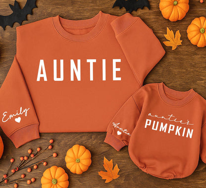 Auntie and Little Pumpkin Matching Sweatshirts Custom Name Fall Season Cozy Auntie & Me Outfit Thanksgiving Halloween Gift Idea Modern Bold Text