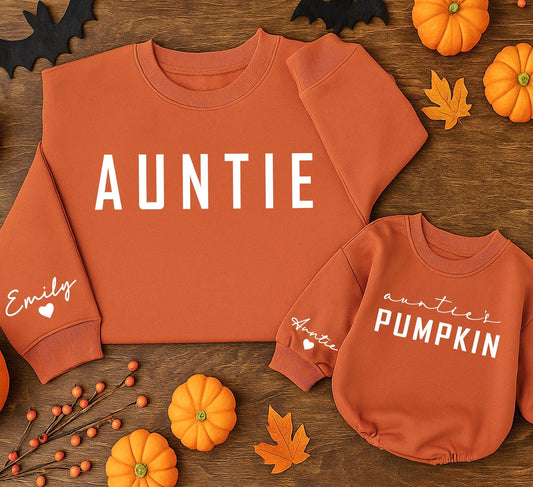 Auntie and Little Pumpkin Matching Sweatshirts Custom Name Fall Season Cozy Auntie & Me Outfit Thanksgiving Halloween Gift Idea Modern Bold Text