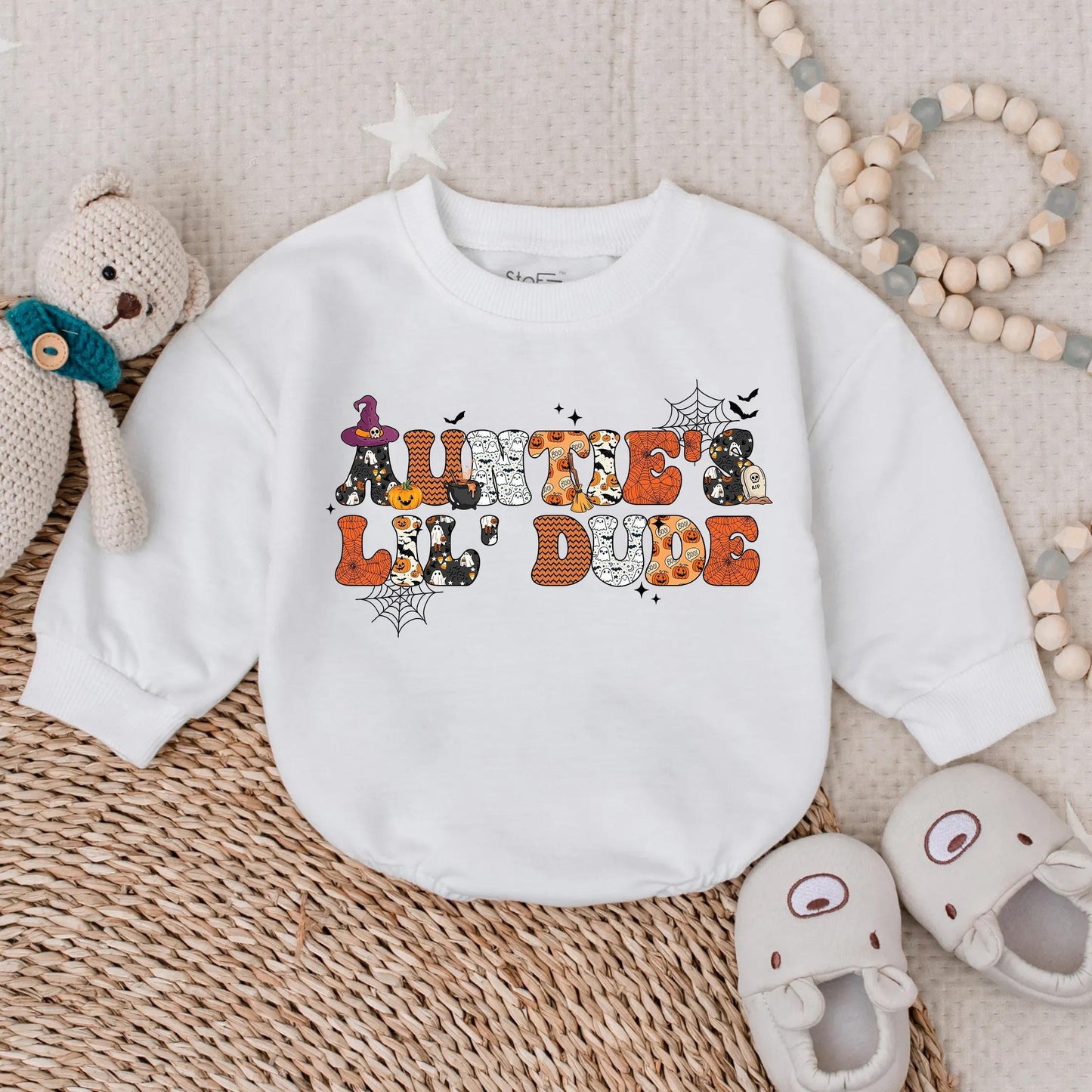 Auntie's Little Dude Halloween Romper Baby Boy Spooky Outfit Fall Infant Bodysuit Cute Gift for Nephew First Halloween Look