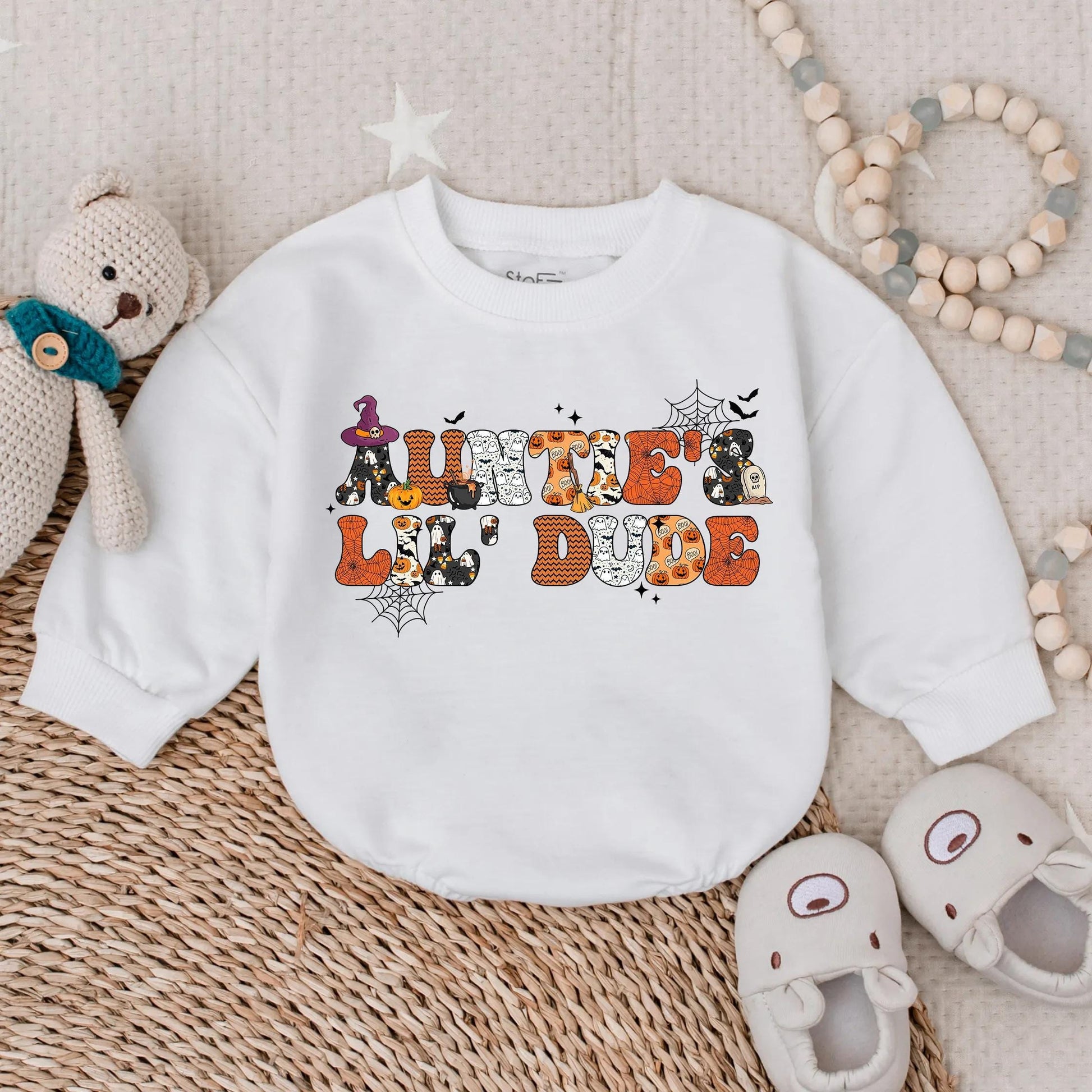 Auntie's Little Dude Halloween Romper Baby Boy Spooky Outfit Fall Infant Bodysuit Cute Gift for Nephew First Halloween Look