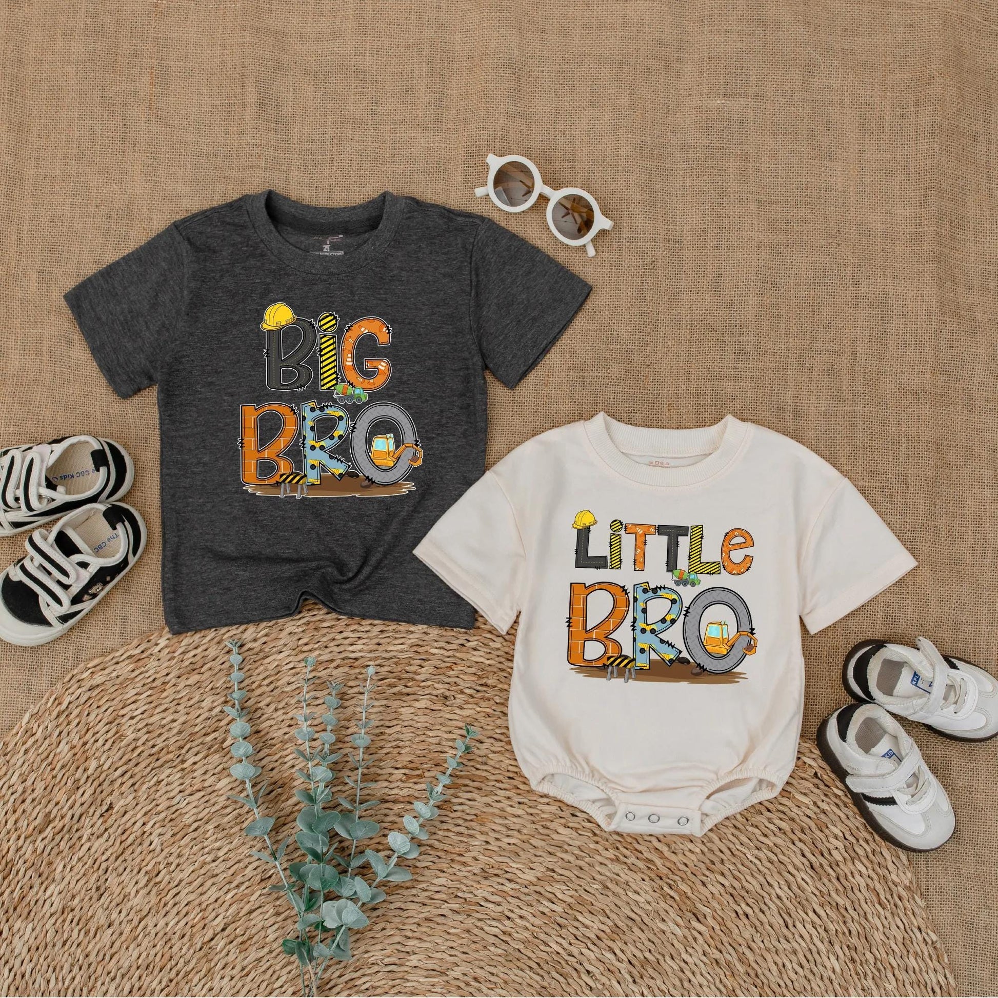Big Brother Little Brother Construction Matching Shirts Reveal Outfits Toddler Boy Baby Announcement Clothes