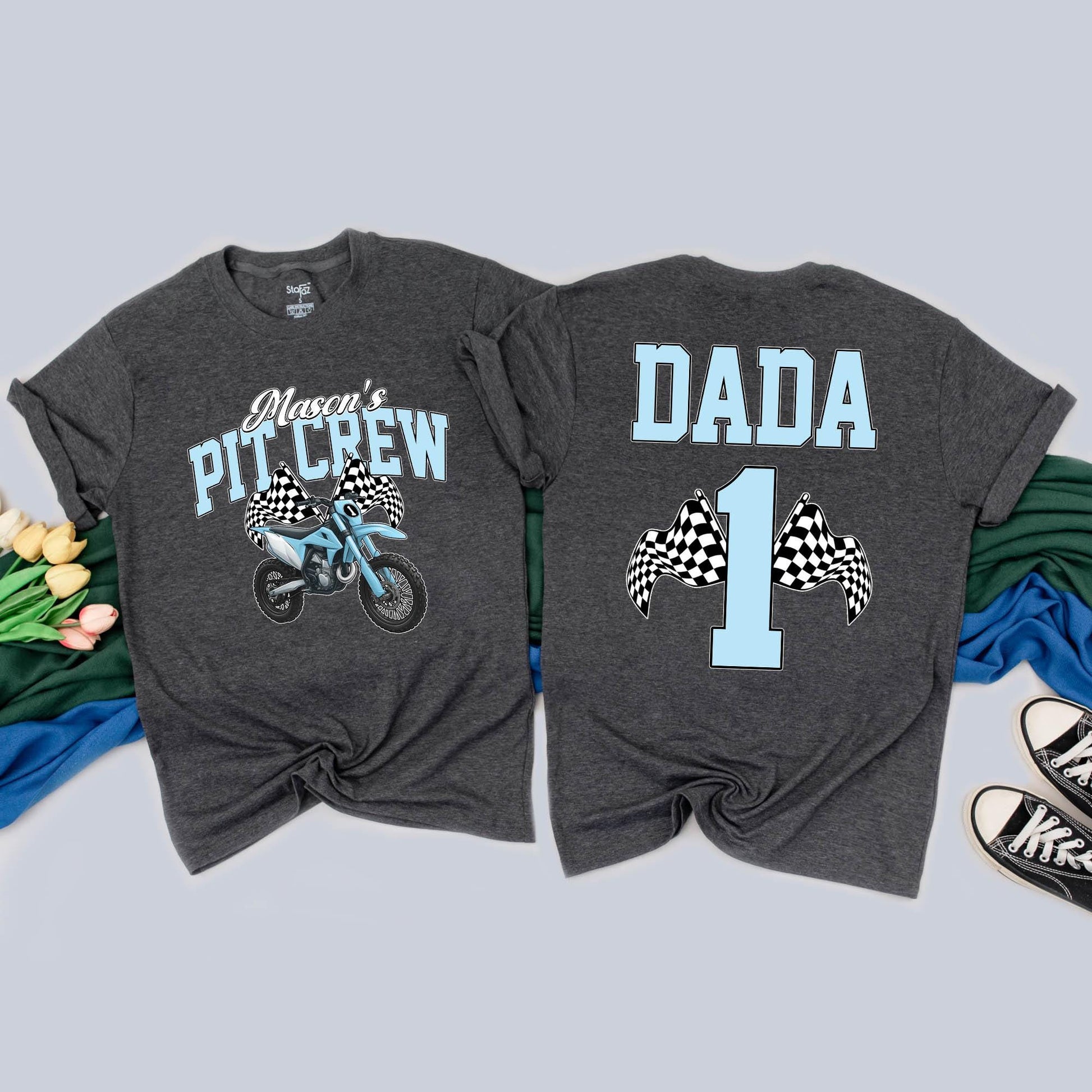 Personalized Dirt Bike Pit Crew Family Matching Birthday Tees and Rompers for First Birthday Boy Outfit Motorcycle Party Gift