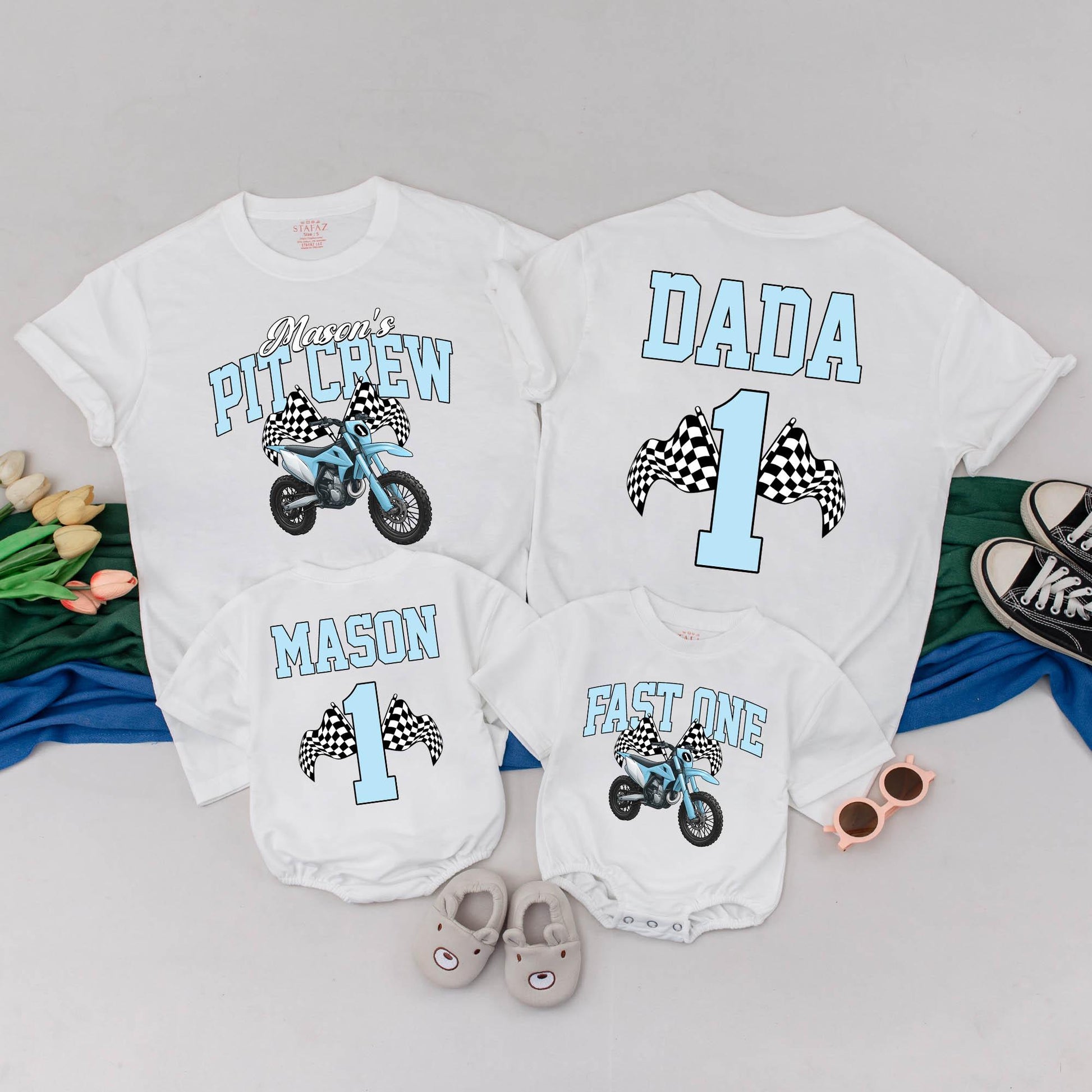 Personalized Dirt Bike Pit Crew Family Matching Birthday Tees and Rompers for First Birthday Boy Outfit Motorcycle Party Gift
