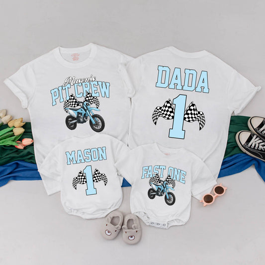 Personalized Dirt Bike Pit Crew Family Matching Birthday Tees and Rompers for First Birthday Boy Outfit Motorcycle Party Gift