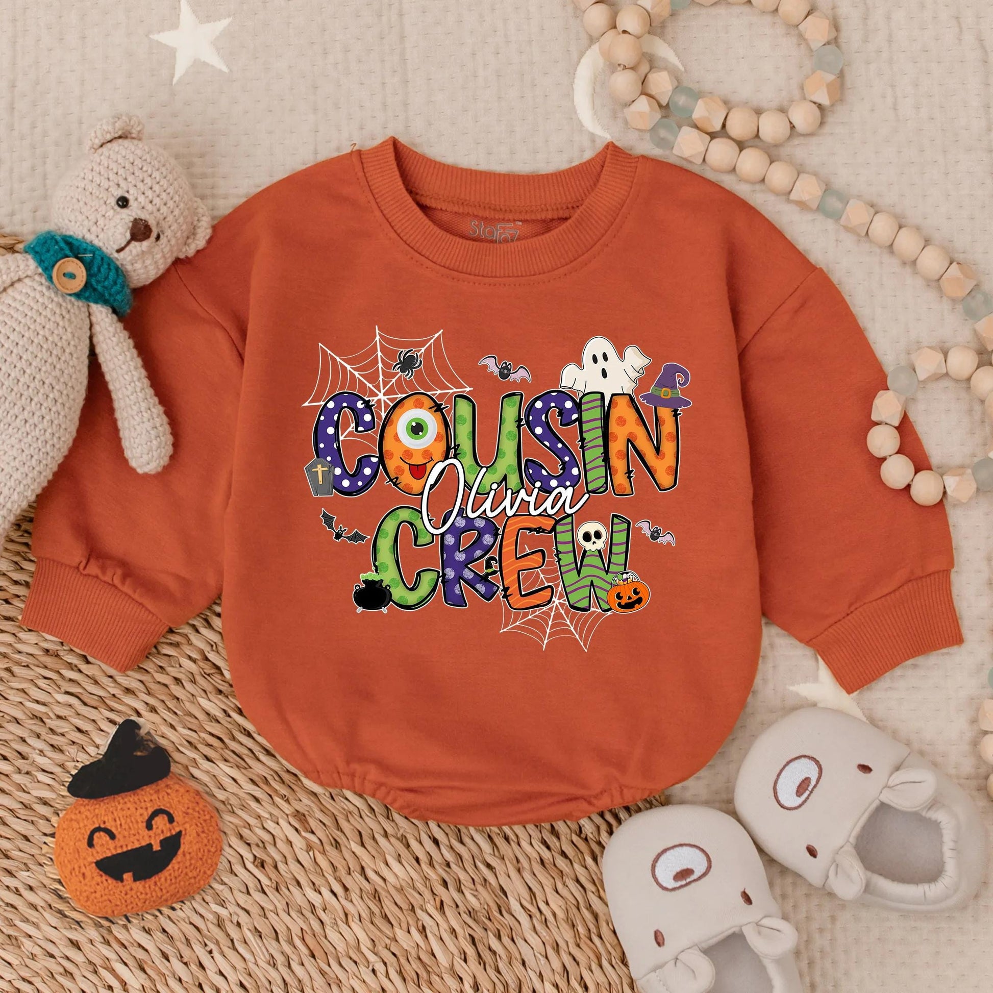 Custom Name Cousin Crew Halloween Romper: Spooky Squad Goals! Matching Baby Outfit for Family Trip Fun, Kids' Personalized Costume, Comfy Fall Cotton (139)