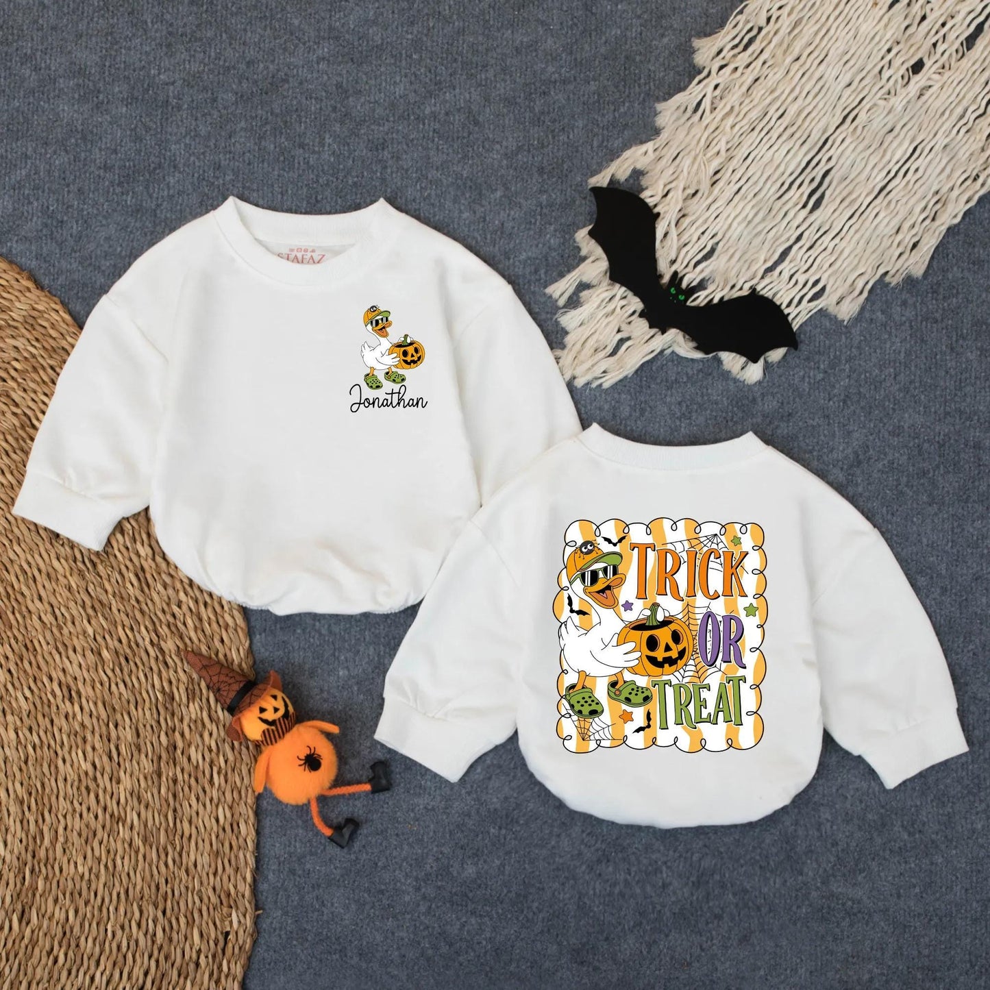 Custom Halloween Goose Trick or Treat Boy Bubble Romper Spooky Fall Baby Outfit First Halloween Gift Toddler Costume