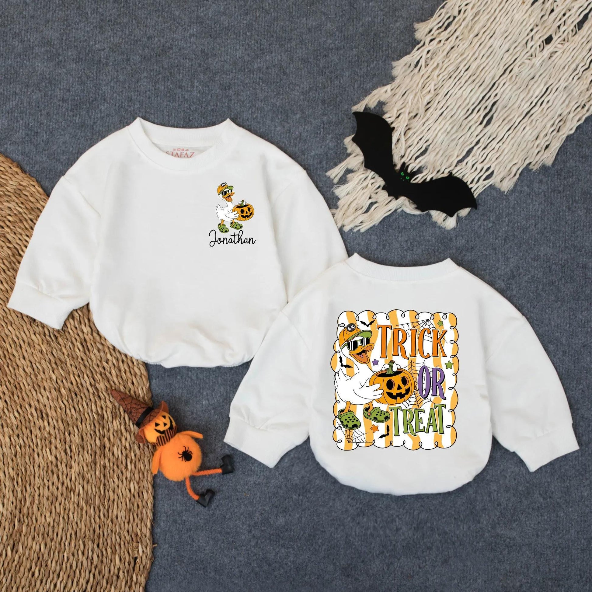 Custom Halloween Goose Trick or Treat Boy Bubble Romper Spooky Fall Baby Outfit First Halloween Gift Toddler Costume