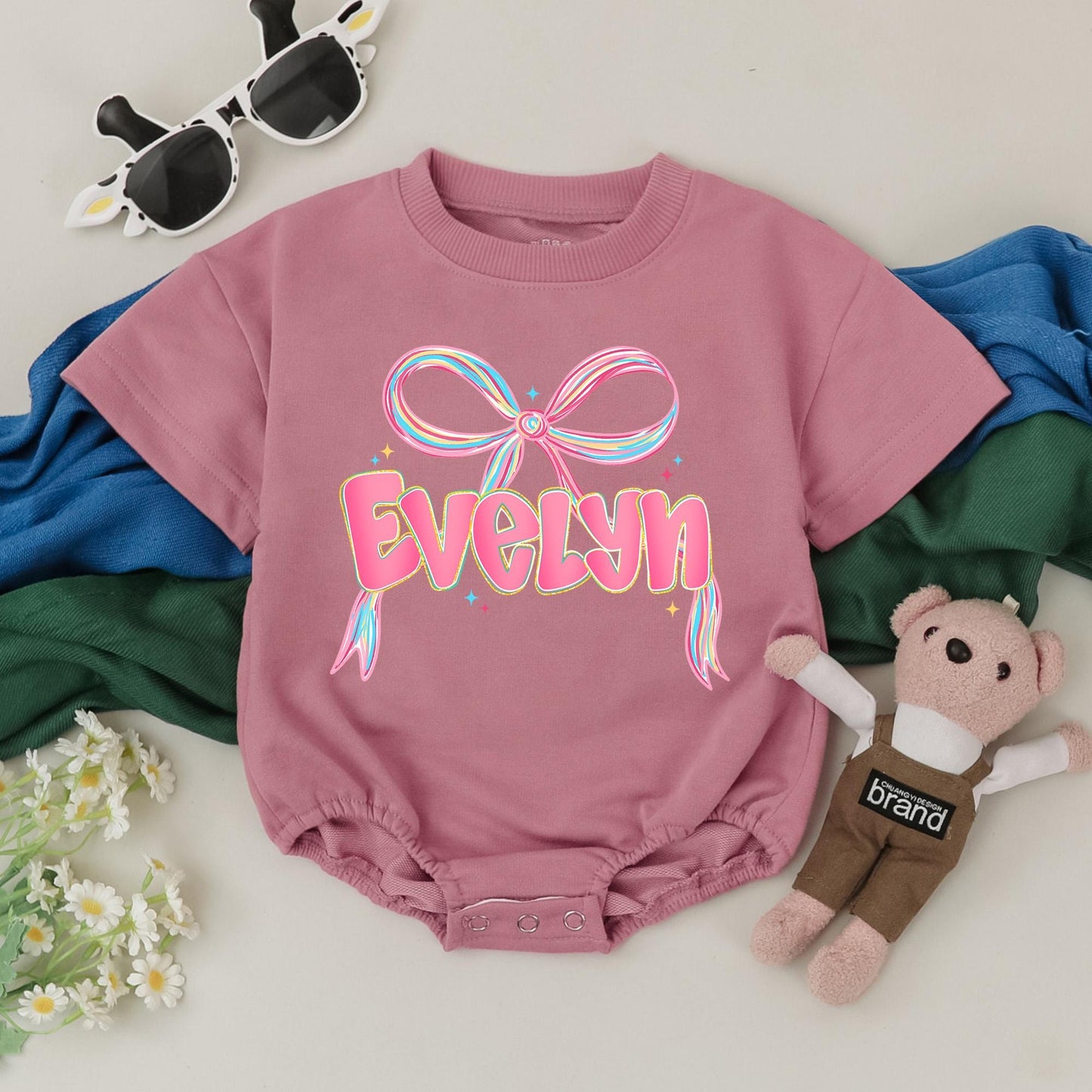 Personalized Pink Bow Baby Girl Romper Custom Name Outfit First Birthday Celebration Bodysuit Shower Gift
