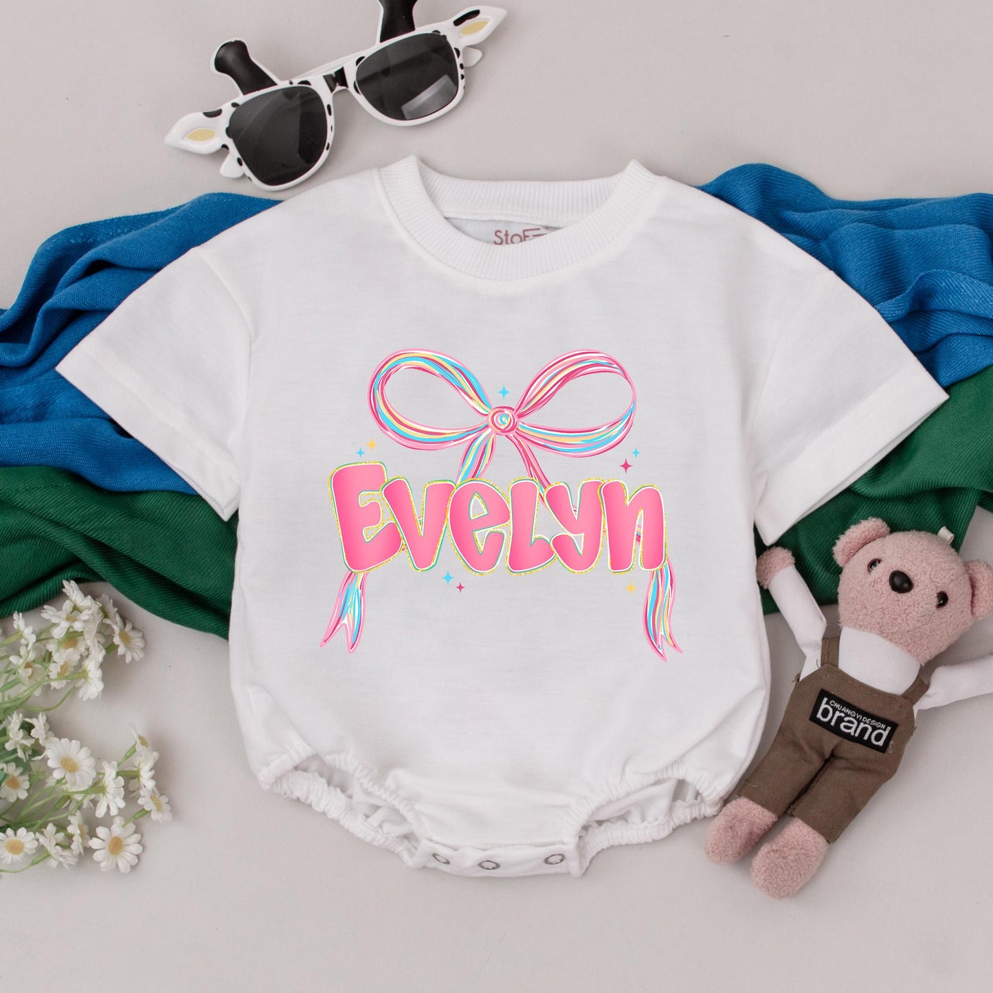 Personalized Pink Bow Baby Girl Romper Custom Name Outfit First Birthday Celebration Bodysuit Shower Gift