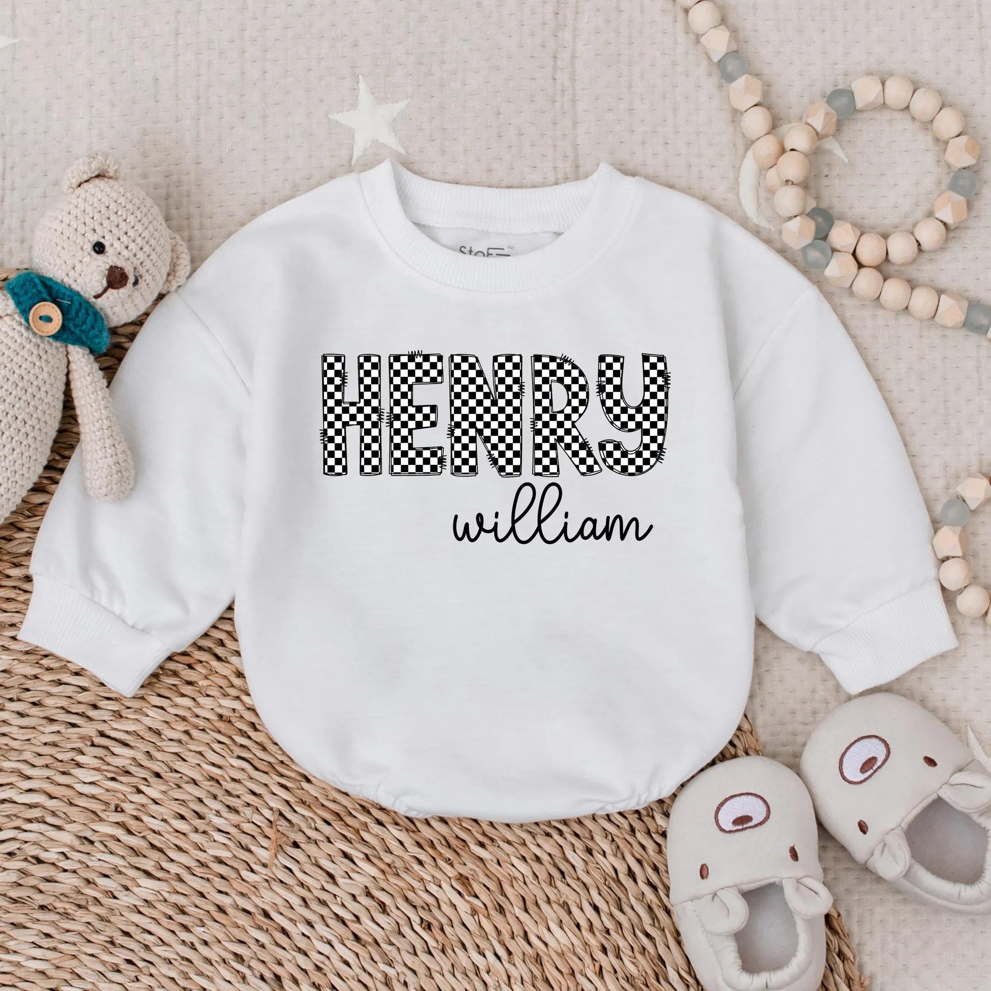 Oversized Checkered Bubble Romper Personalized with First and Middle Name Unique Baby Girl Custom Infant Jumpsuit Toddler Gift