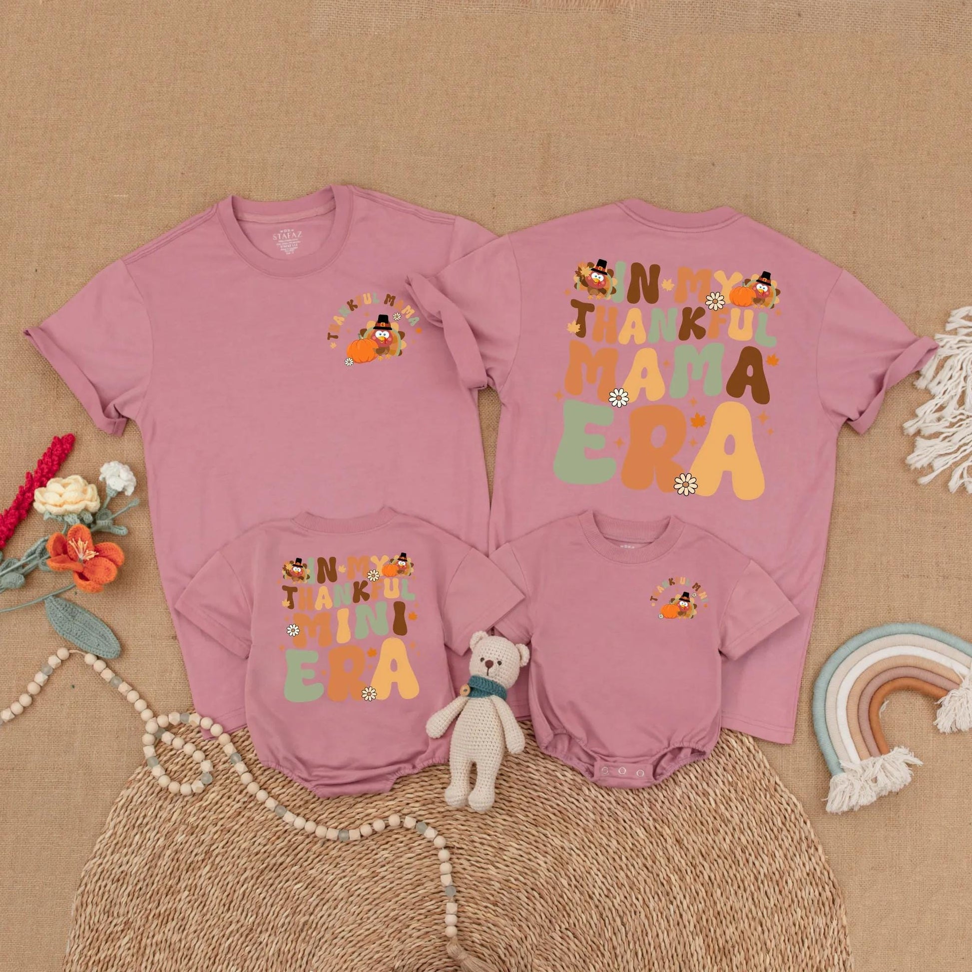 Thankful Mama and Mini Matching Shirts Thanksgiving Outfits Retro Turkey Design Family Gift Fall Baby Toddler Shirts Mommy and Me