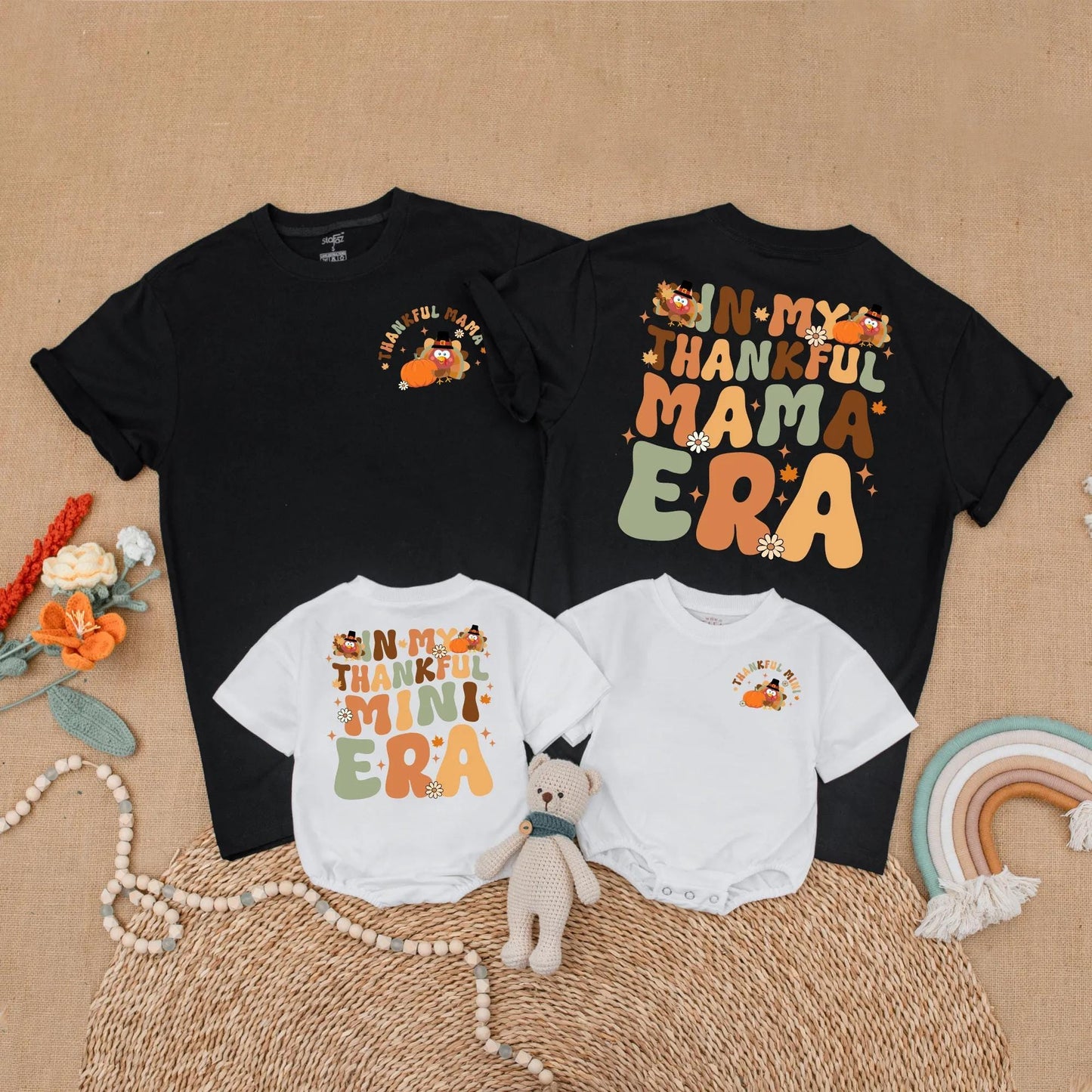 Thankful Mama and Mini Matching Shirts Thanksgiving Outfits Retro Turkey Design Family Gift Fall Baby Toddler Shirts Mommy and Me