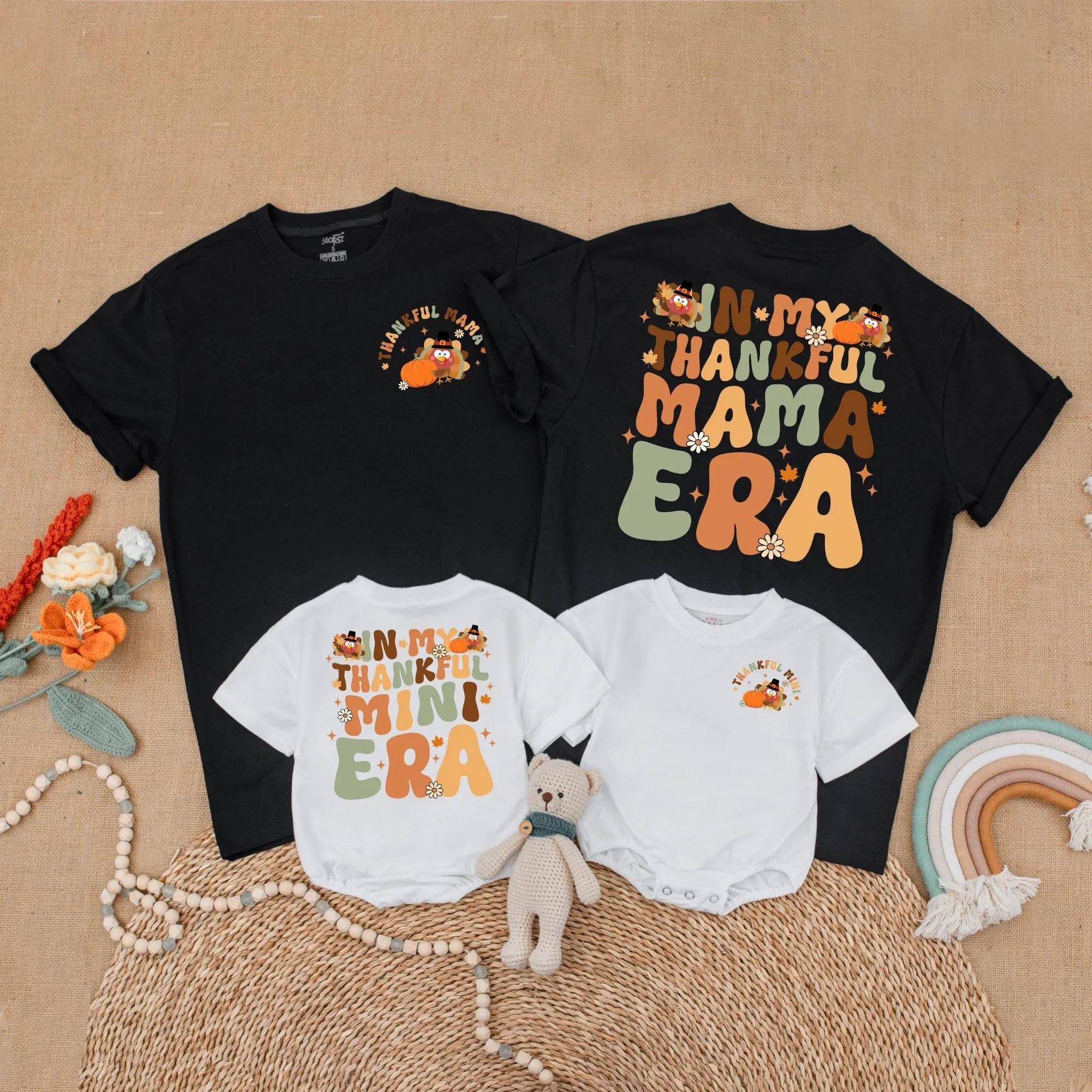 Thankful Mama and Mini Matching Shirts Thanksgiving Outfits Retro Turkey Design Family Gift Fall Baby Toddler Shirts Mommy and Me
