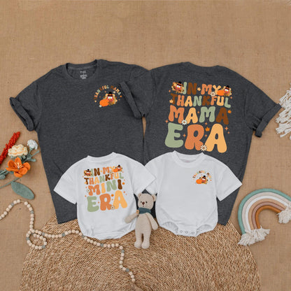 Thankful Mama and Mini Matching Shirts Thanksgiving Outfits Retro Turkey Design Family Gift Fall Baby Toddler Shirts Mommy and Me
