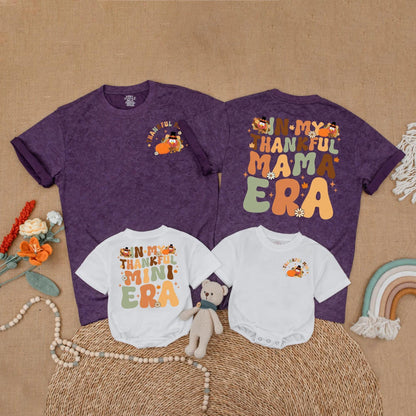 Thankful Mama and Mini Matching Shirts Thanksgiving Outfits Retro Turkey Design Family Gift Fall Baby Toddler Shirts Mommy and Me