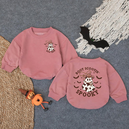 Boot Scootin' Spooky Cowboy Ghost Romper, Boo Haw Halloween Western Outfit, Baby Toddler Fall Rodeo Costume Sweatshirt, Cute Infant Boy Clothes 139