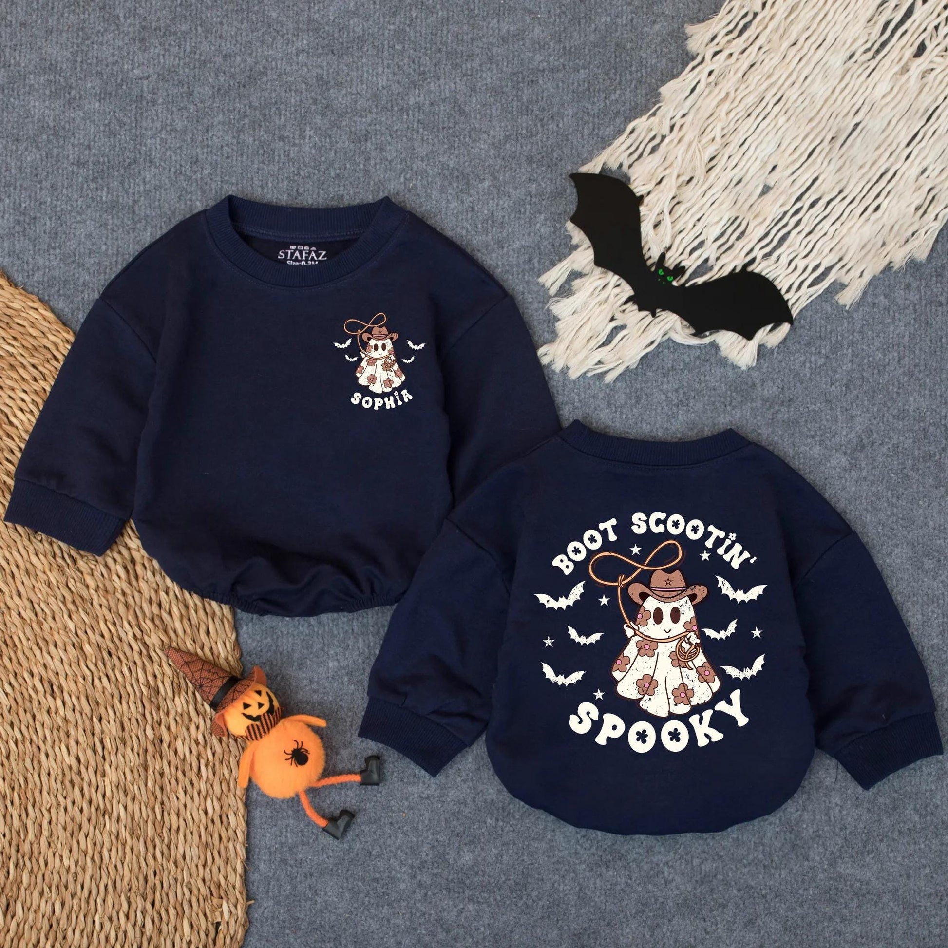 Custom Sophia's Boot Scootin' Spooky Romper, Cowboy Ghost Halloween Outfit, Cute Western Infant Girl Apparel, Retro Rodeo Fall Baby Costume 137