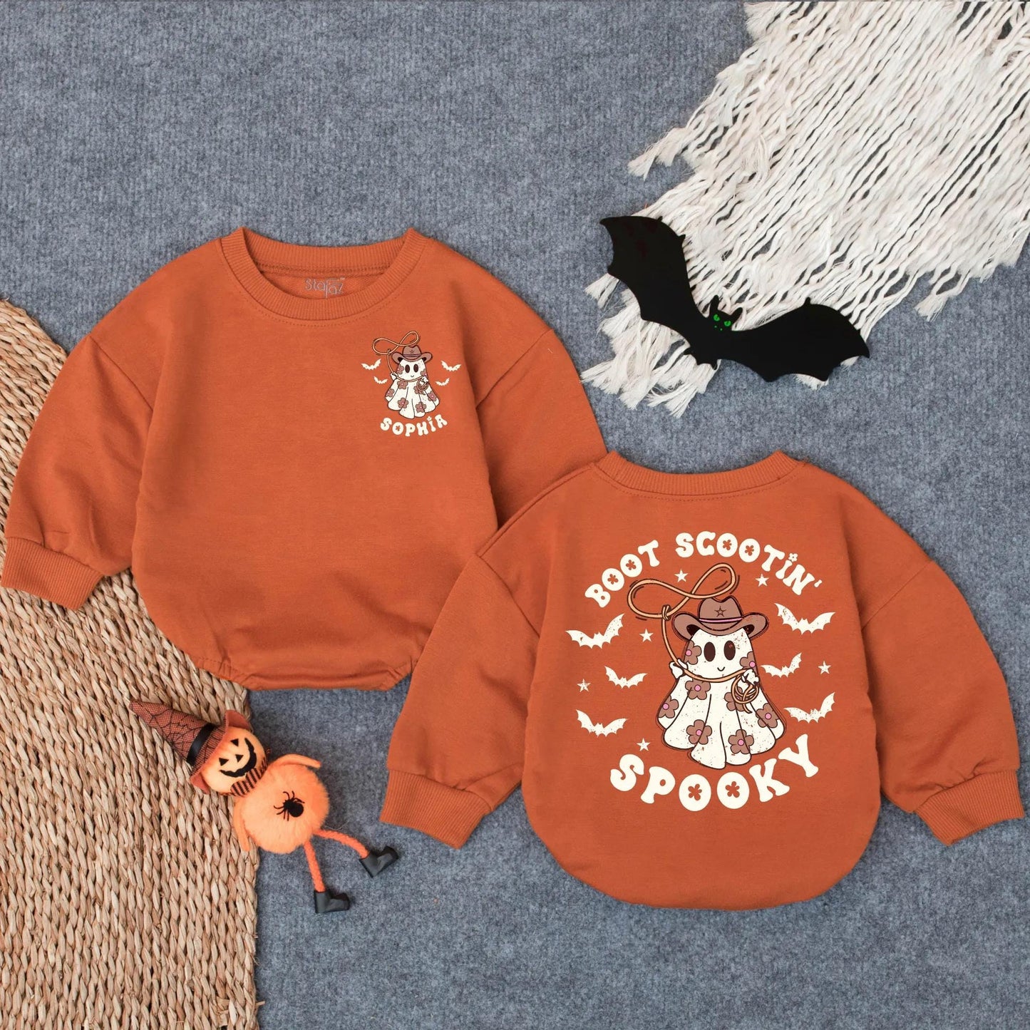 Custom Sophia's Boot Scootin' Spooky Romper, Cowboy Ghost Halloween Outfit, Cute Western Infant Girl Apparel, Retro Rodeo Fall Baby Costume 137
