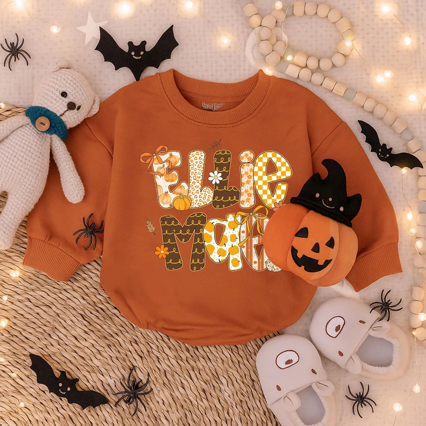 Ellie Mae Custom Name Bubble Romper Preppy Fall Vintage Style Girl Autumn Baby Clothes Personalized First Thanksgiving Outfit Toddler Gift