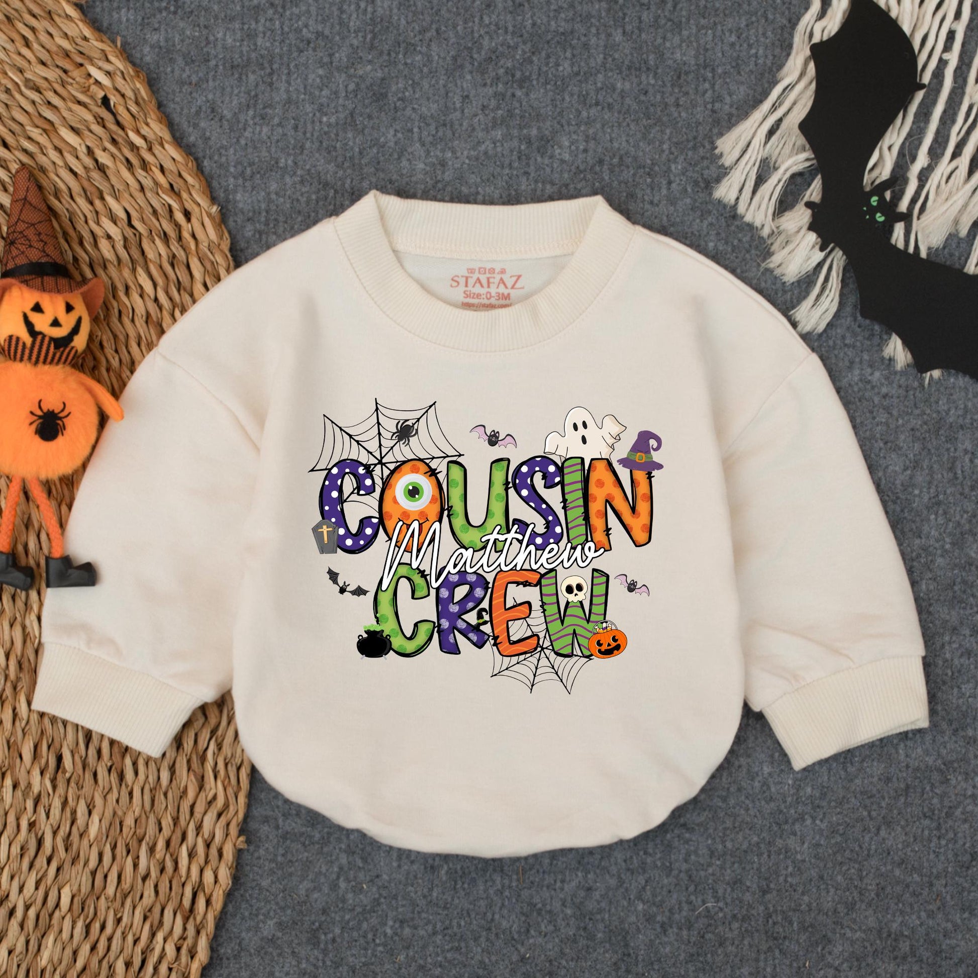 Custom Name Cousin Crew Halloween Bubble Romper - Matching Family Outfit for Baby & Toddler Spooky Fun - Fall Gift Idea (138 chars)