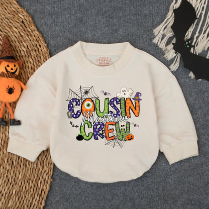Custom Name Cousin Crew Halloween Bubble Romper - Matching Family Outfit for Baby & Toddler Spooky Fun - Fall Gift Idea (138 chars)