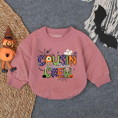 Custom Name Cousin Crew Halloween Bubble Romper - Matching Family Outfit for Baby & Toddler Spooky Fun - Fall Gift Idea (138 chars)