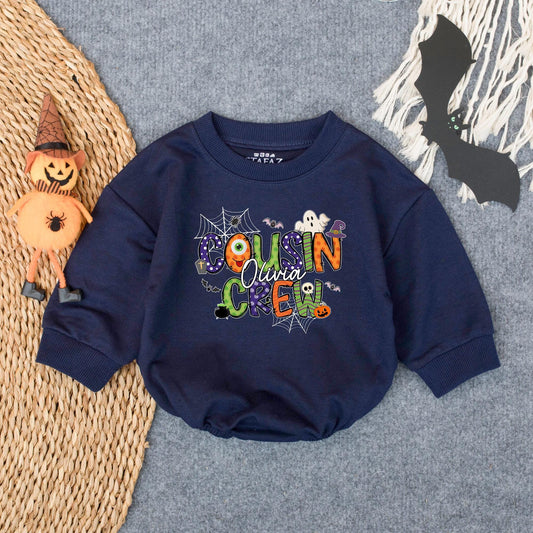 Custom Name Cousin Crew Halloween Bubble Romper - Matching Family Outfit for Baby & Toddler Spooky Fun - Fall Gift Idea (138 chars)