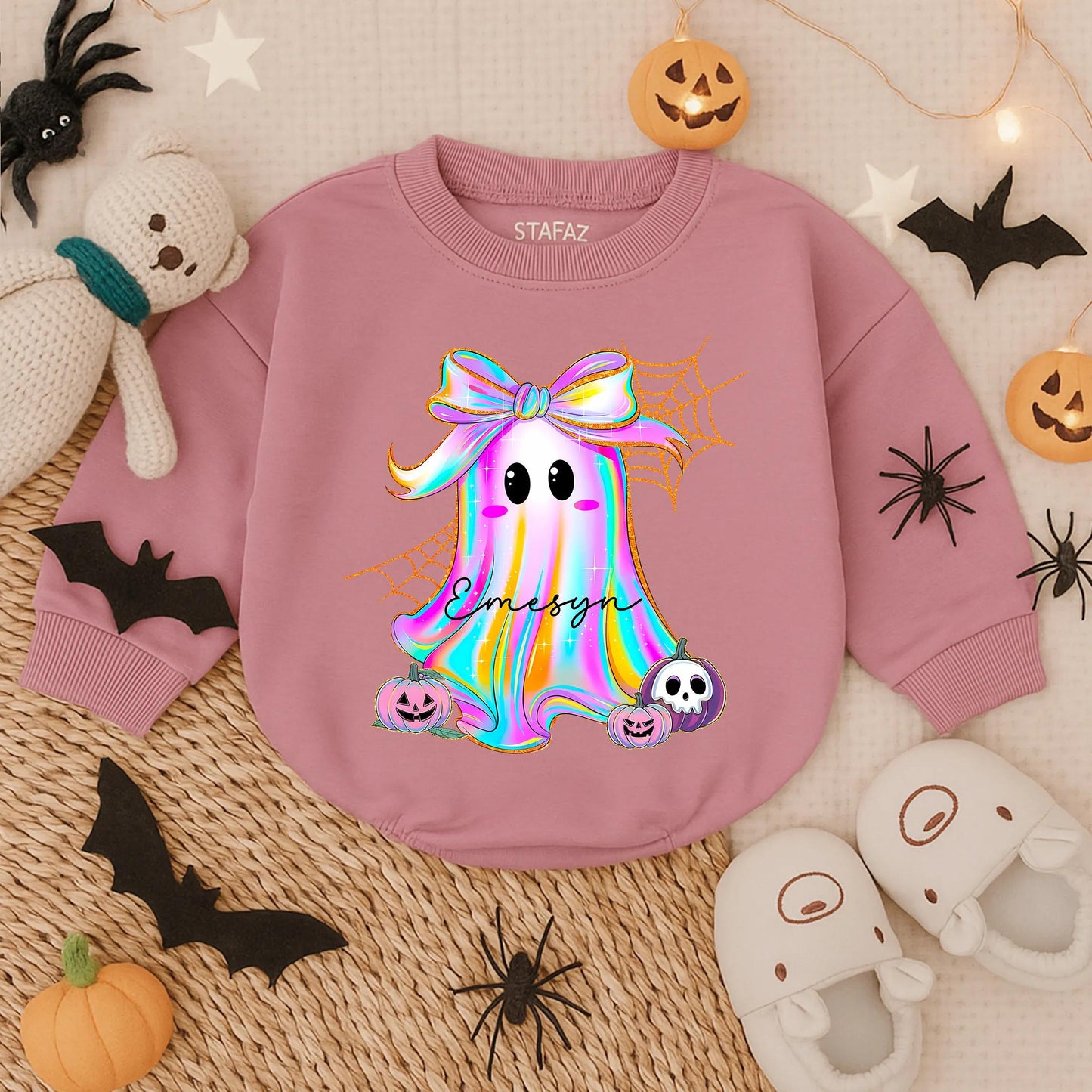 Custom Iridescent Ghost Pumpkin Romper Girly First Halloween Baby Outfit Cute Spooky Fall Bodysuit Preppy Ghost Bubble for Girls