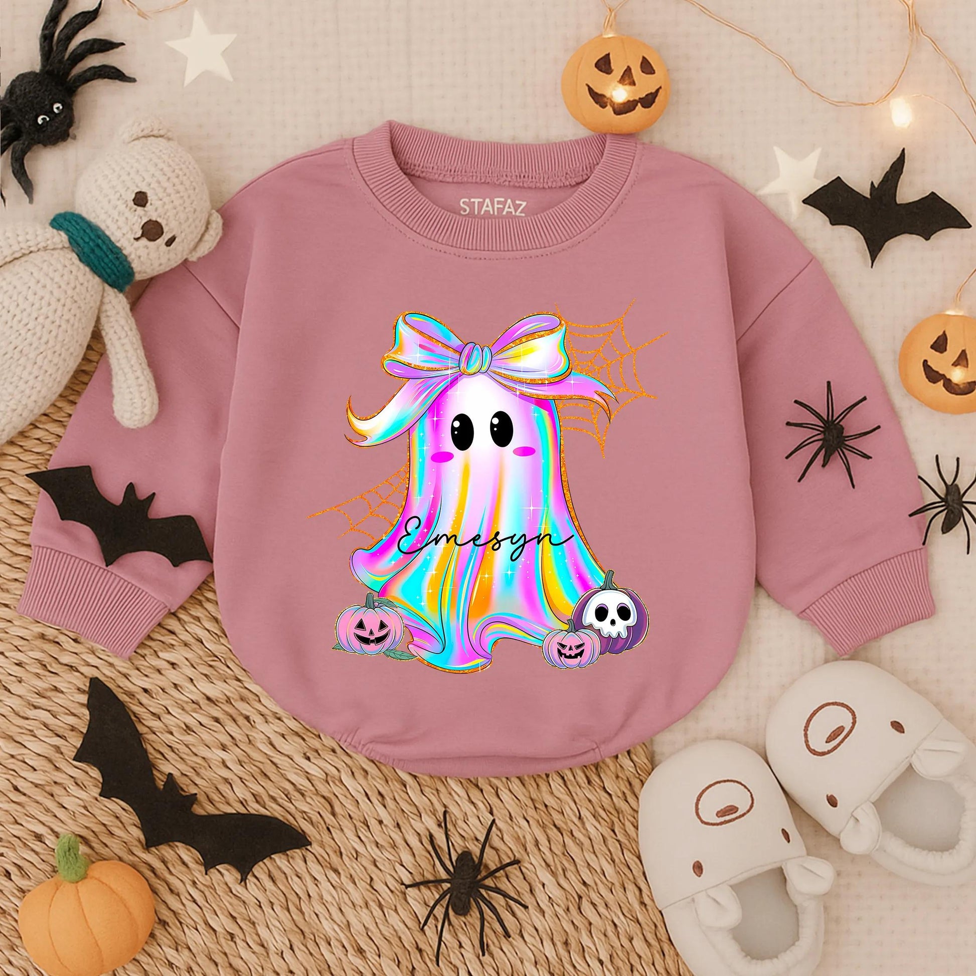 Custom Iridescent Ghost Pumpkin Romper Girly First Halloween Baby Outfit Cute Spooky Fall Bodysuit Preppy Ghost Bubble for Girls