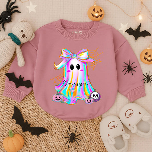 Custom Iridescent Ghost Pumpkin Romper Girly First Halloween Baby Outfit Cute Spooky Fall Bodysuit Preppy Ghost Bubble for Girls