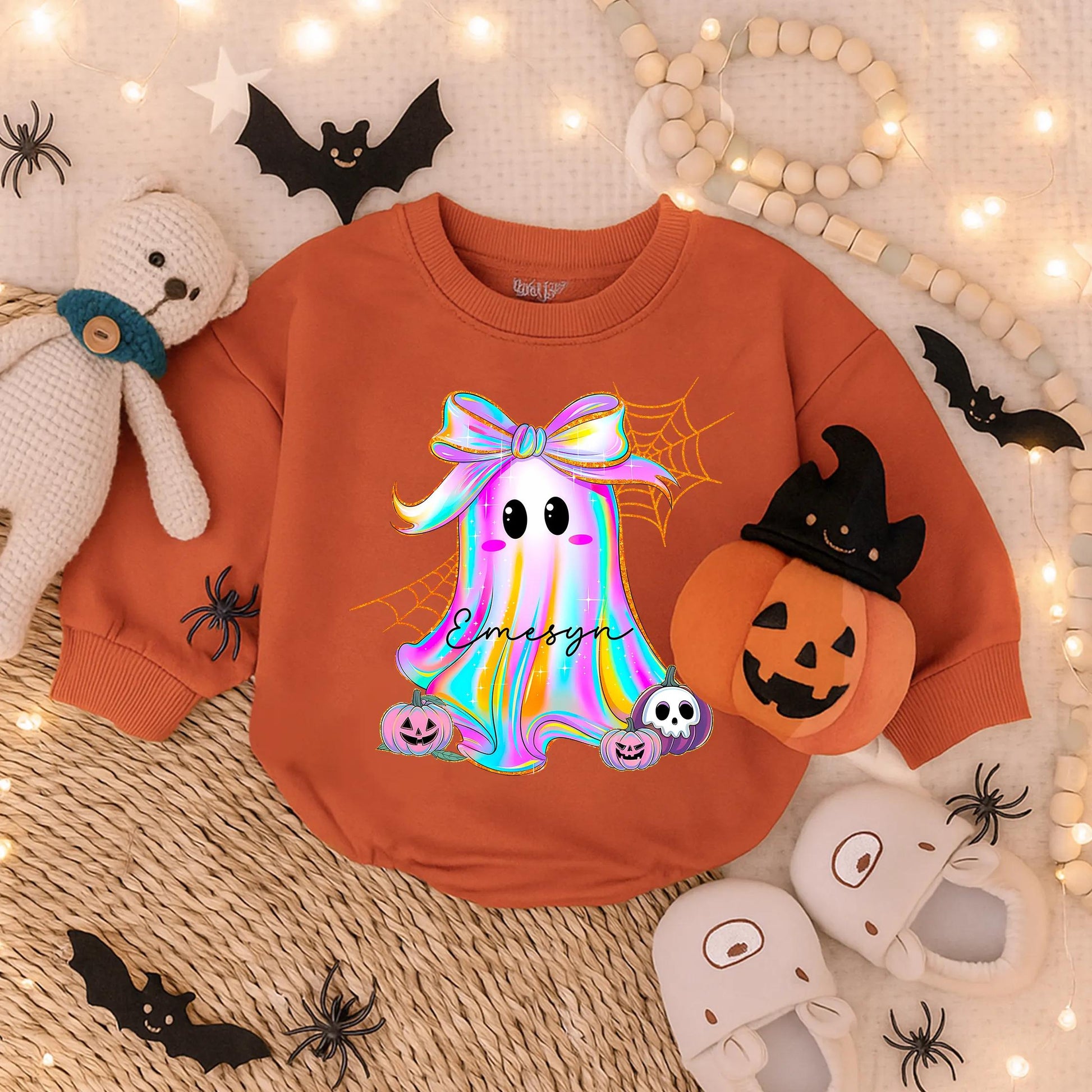 Custom Iridescent Ghost Pumpkin Romper Girly First Halloween Baby Outfit Cute Spooky Fall Bodysuit Preppy Ghost Bubble for Girls