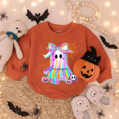 Custom Iridescent Ghost Pumpkin Romper Girly First Halloween Baby Outfit Cute Spooky Fall Bodysuit Preppy Ghost Bubble for Girls