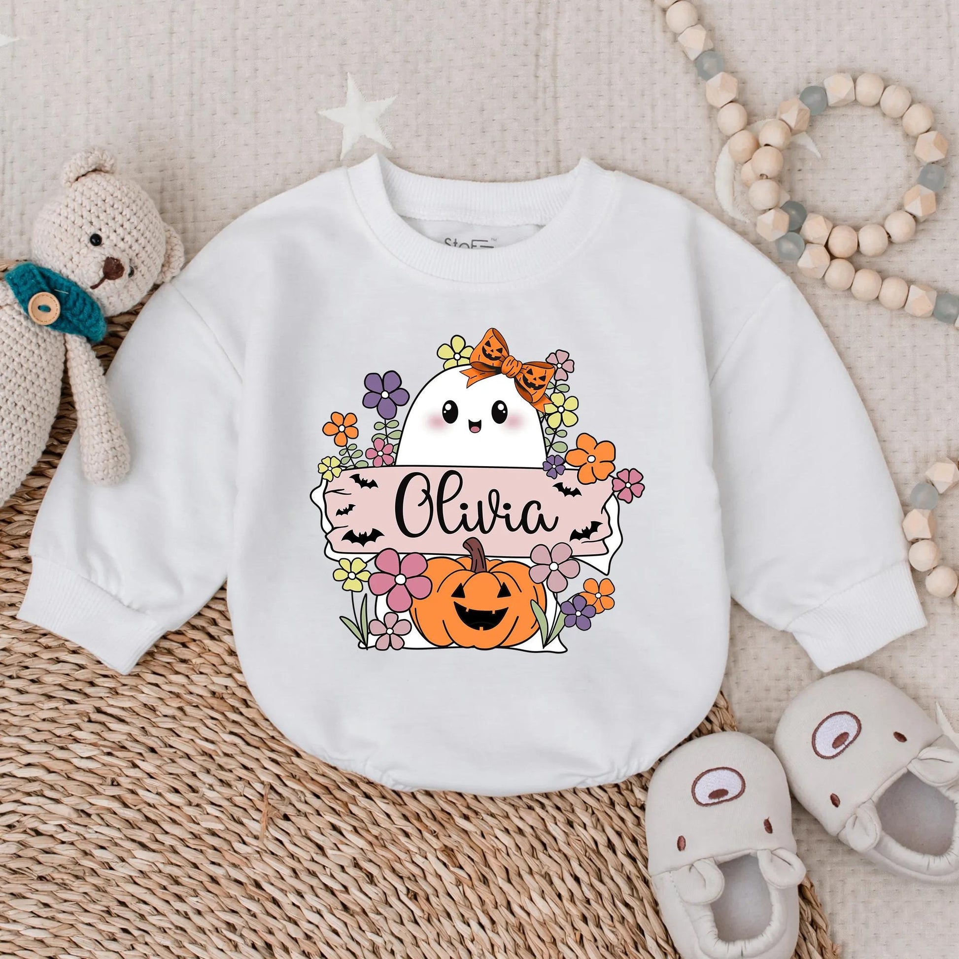 Boo Pumpkin Floral First Halloween Girl Romper, Spooky Fall Baby Outfit, Baby's First Boo Costume Bodysuit, Oversized Autumn Clothes, Gift 138