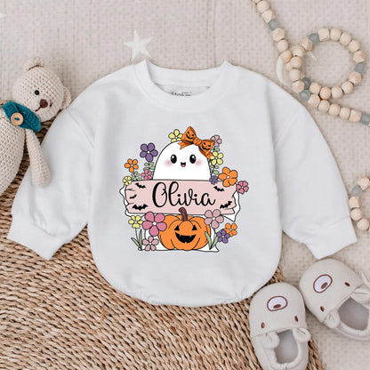 Boo Pumpkin Floral First Halloween Girl Romper, Spooky Fall Baby Outfit, Baby's First Boo Costume Bodysuit, Oversized Autumn Clothes, Gift 138