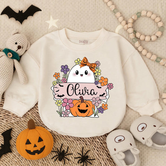 Boo Pumpkin Floral First Halloween Girl Romper, Spooky Fall Baby Outfit, Baby's First Boo Costume Bodysuit, Oversized Autumn Clothes, Gift 138