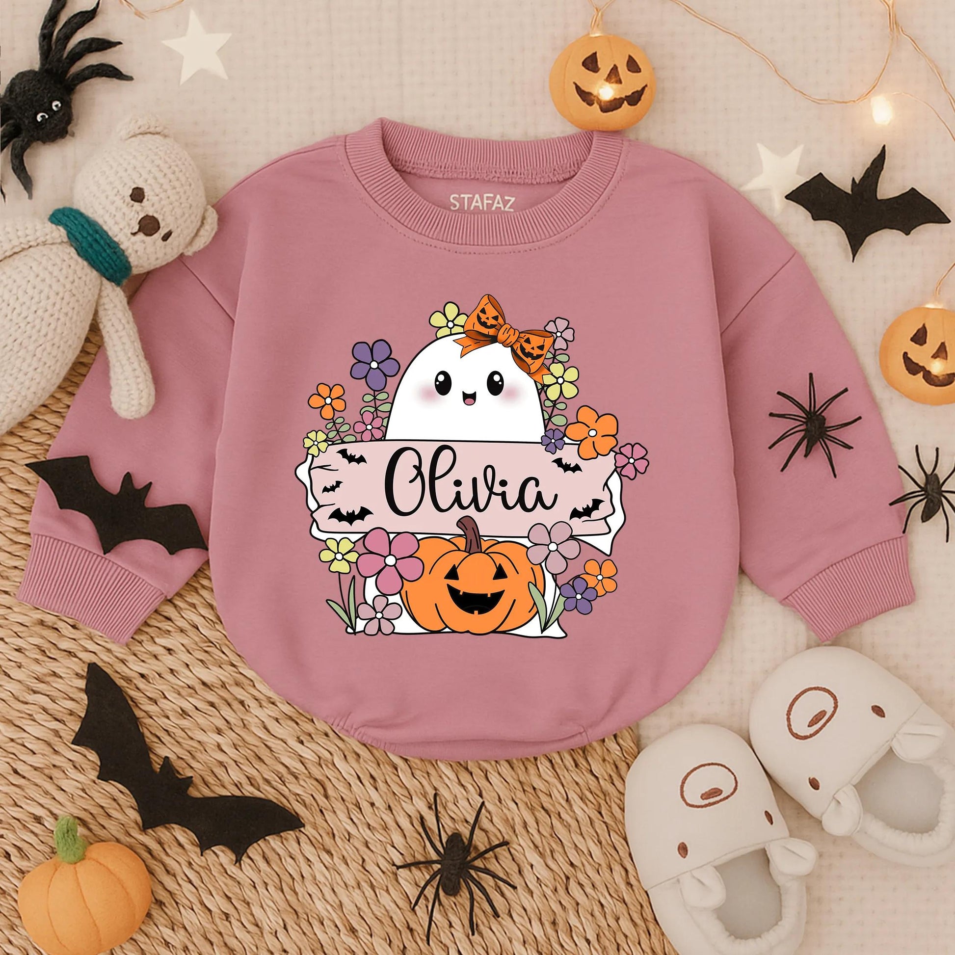 Boo Pumpkin Floral First Halloween Girl Romper, Spooky Fall Baby Outfit, Baby's First Boo Costume Bodysuit, Oversized Autumn Clothes, Gift 138