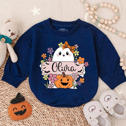 Boo Pumpkin Floral First Halloween Girl Romper, Spooky Fall Baby Outfit, Baby's First Boo Costume Bodysuit, Oversized Autumn Clothes, Gift 138