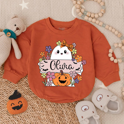 Boo Pumpkin Floral First Halloween Girl Romper, Spooky Fall Baby Outfit, Baby's First Boo Costume Bodysuit, Oversized Autumn Clothes, Gift 138