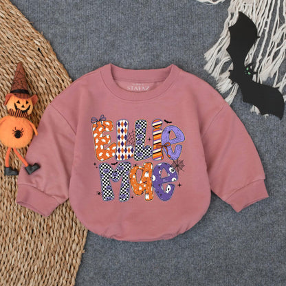 Ellie Mae Halloween Romper Baby Girl Outfit Ghost Pumpkins Bats Spiderwebs Spooky Season Retro Newborn Bodysuit