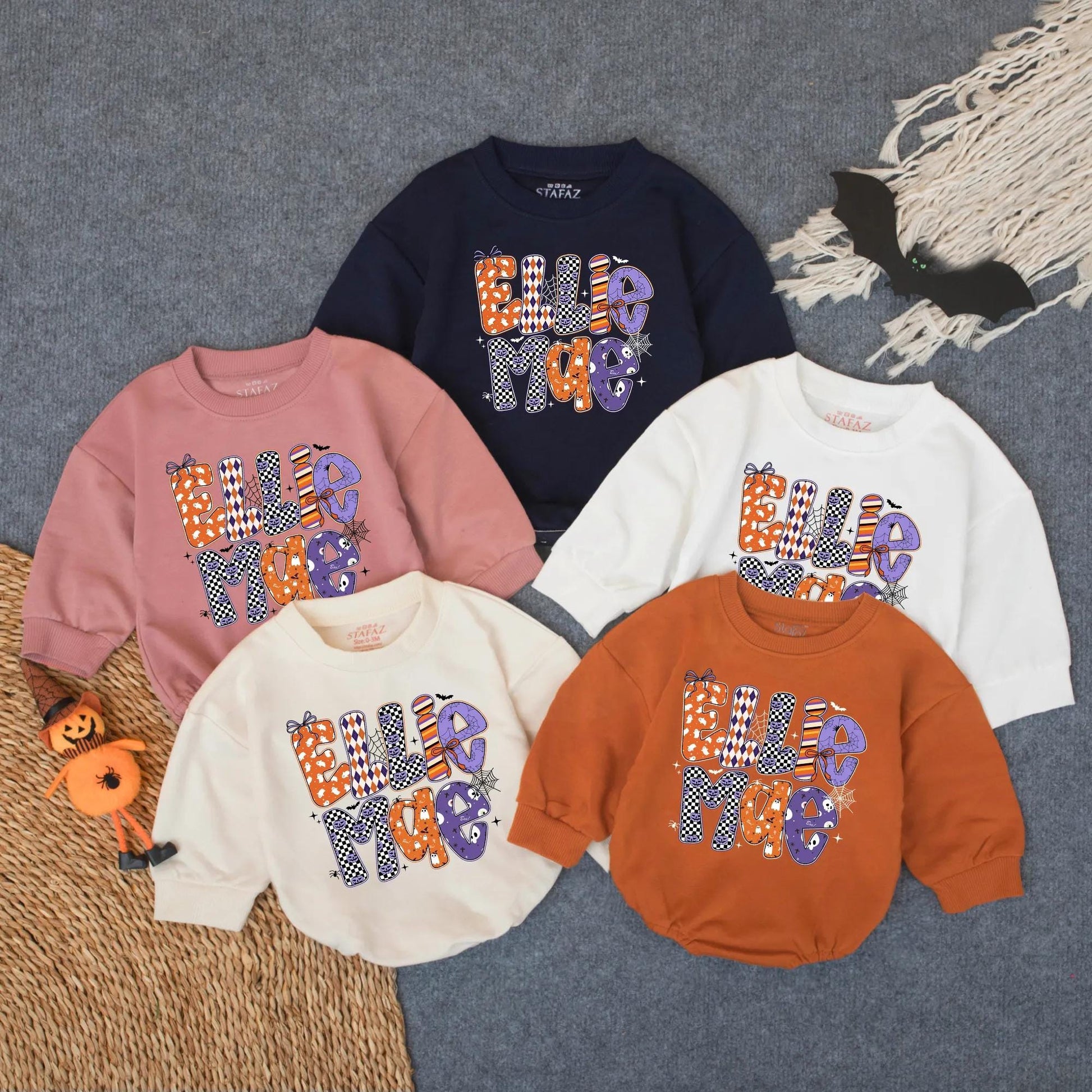 Ellie Mae Halloween Romper Baby Girl Outfit Ghost Pumpkins Bats Spiderwebs Spooky Season Retro Newborn Bodysuit