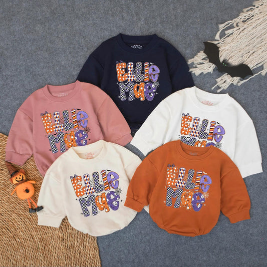 Ellie Mae Halloween Romper Baby Girl Outfit Ghost Pumpkins Bats Spiderwebs Spooky Season Retro Newborn Bodysuit