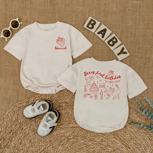 Personalized Berry First Birthday Baby Romper – Custom Strawberry Bodysuit for Baby Girl’s 1st Birthday – Cute Short Sleeve Outfit for Baby Girl