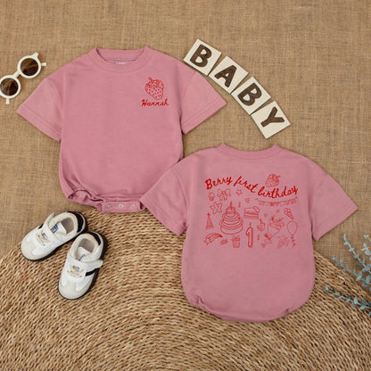 Personalized Berry First Birthday Baby Romper – Custom Strawberry Bodysuit for Baby Girl’s 1st Birthday – Cute Short Sleeve Outfit for Baby Girl