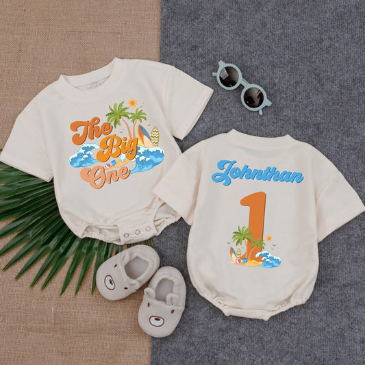 The Big One Surfing Bubble Romper First Birthday Outfit for Baby Boy, Beach Theme Toddler Clothes, Summer Gift
