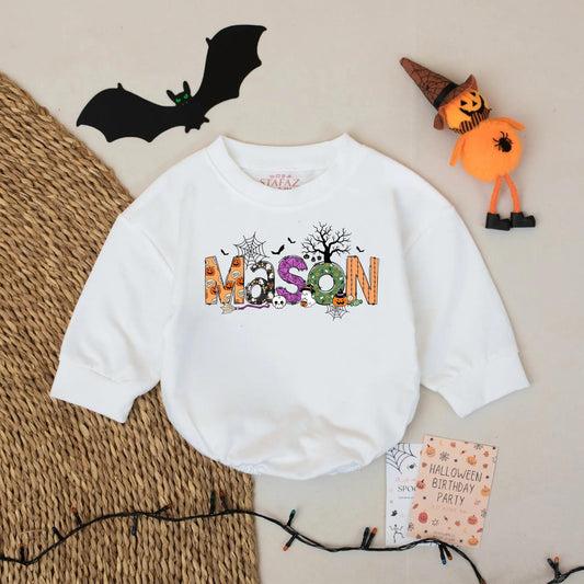 Mason's Spooky Halloween Romper: Personalized Baby Bodysuit with Bats, Ghosts & Pumpkins, Custom Name Outfit, Fun Newborn Gift, Playful Spooky Season (137 chars)