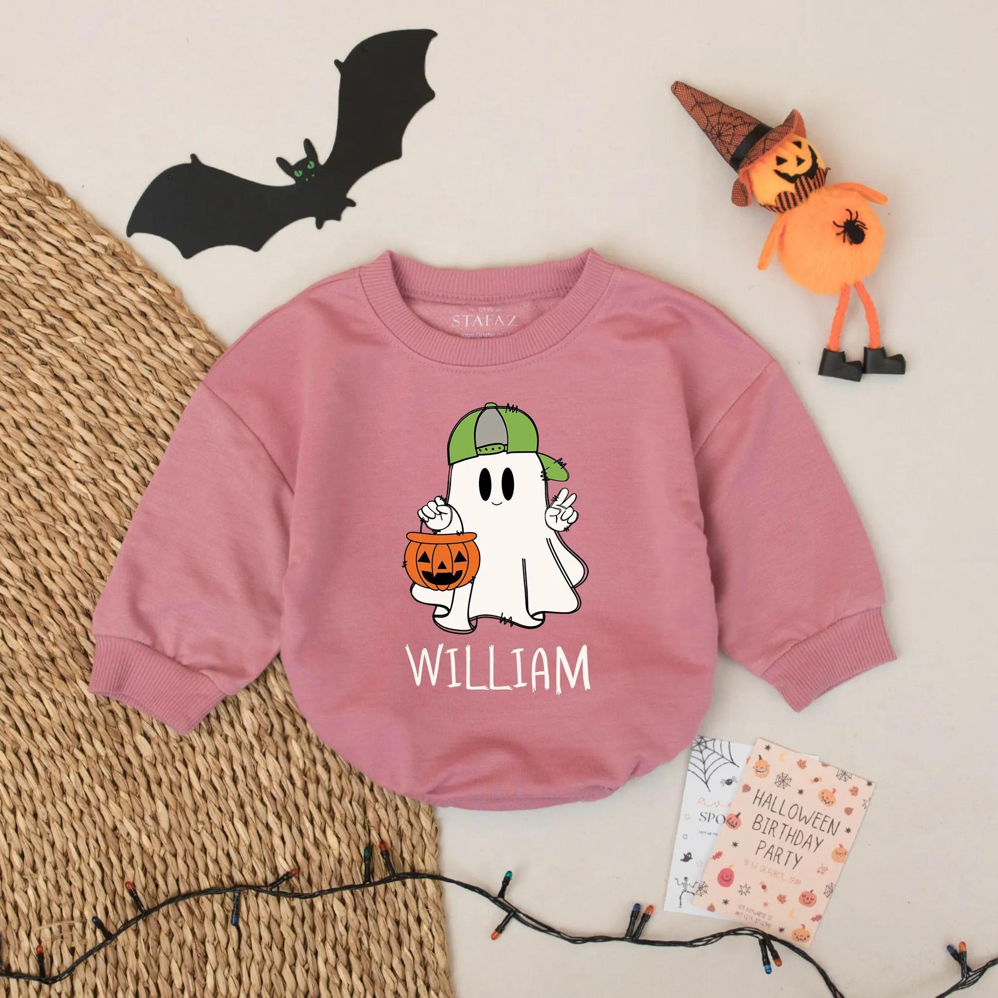 Personalized Ghost Romper: William's First Halloween! Cute Spooky Baby Outfit with Green Hat Pumpkin, Custom Name Bodysuit, Unique Spooky Season Gift